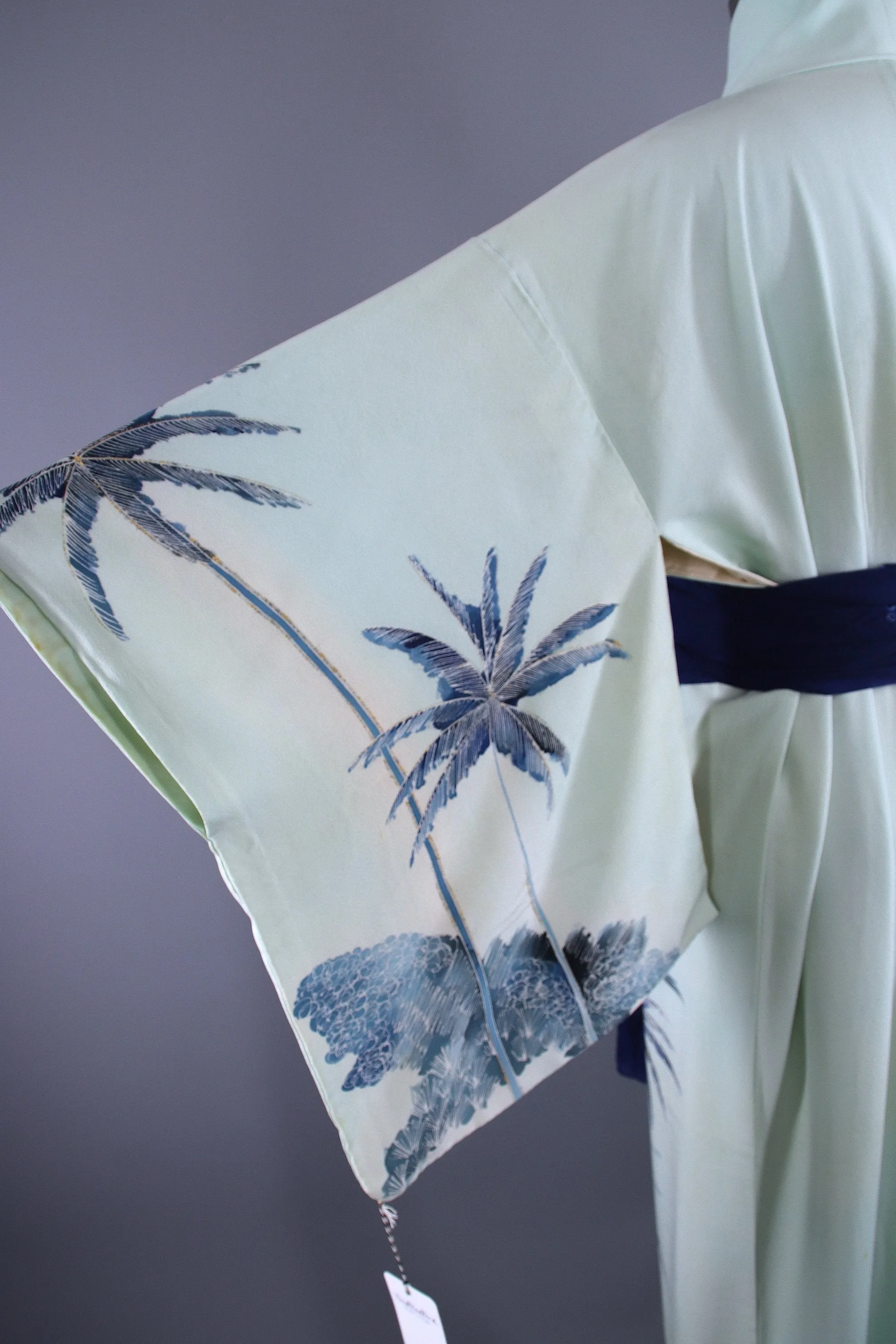 1960s Vintage Silk Kimono Robe / Blue PALM TREES