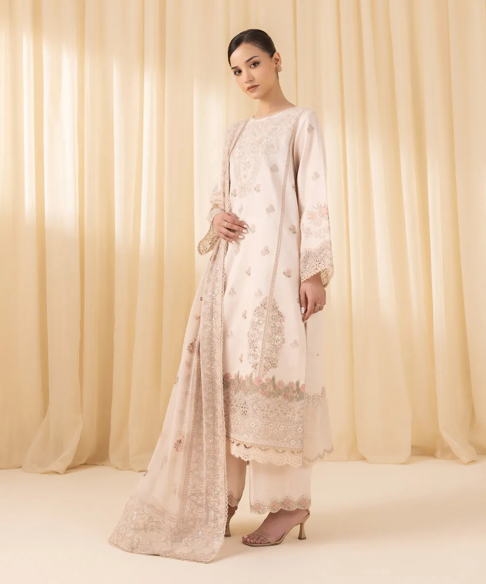 3 Piece -  Embroidered Cotton Net Suit