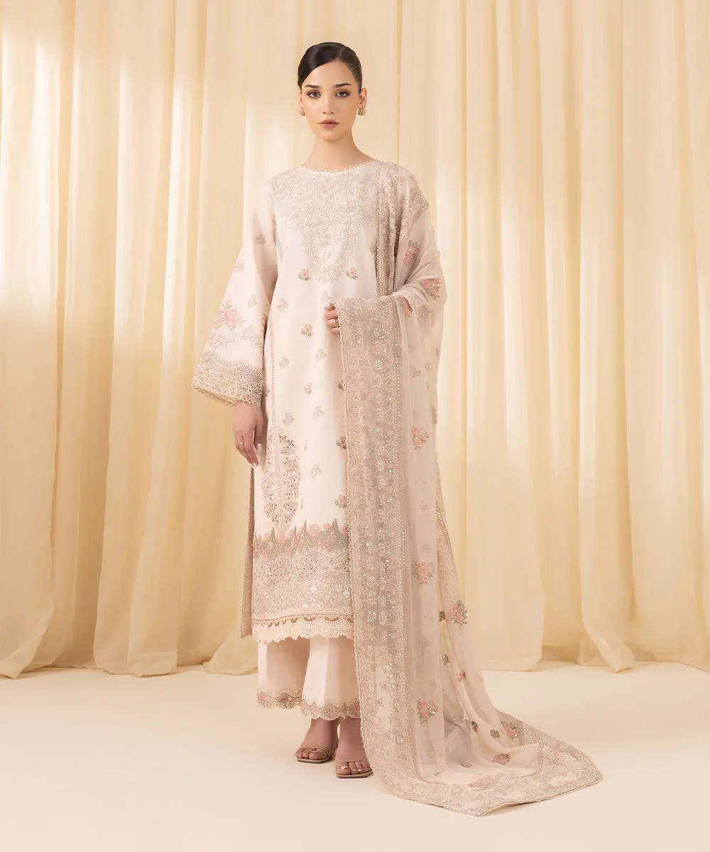 3 Piece -  Embroidered Cotton Net Suit