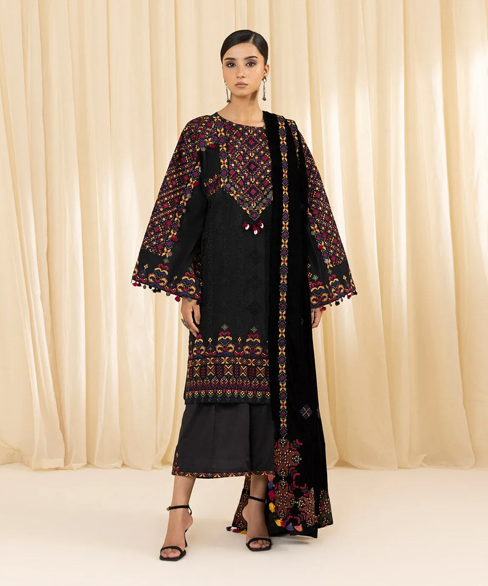 3 Piece -  Embroidered Raw Silk Suit