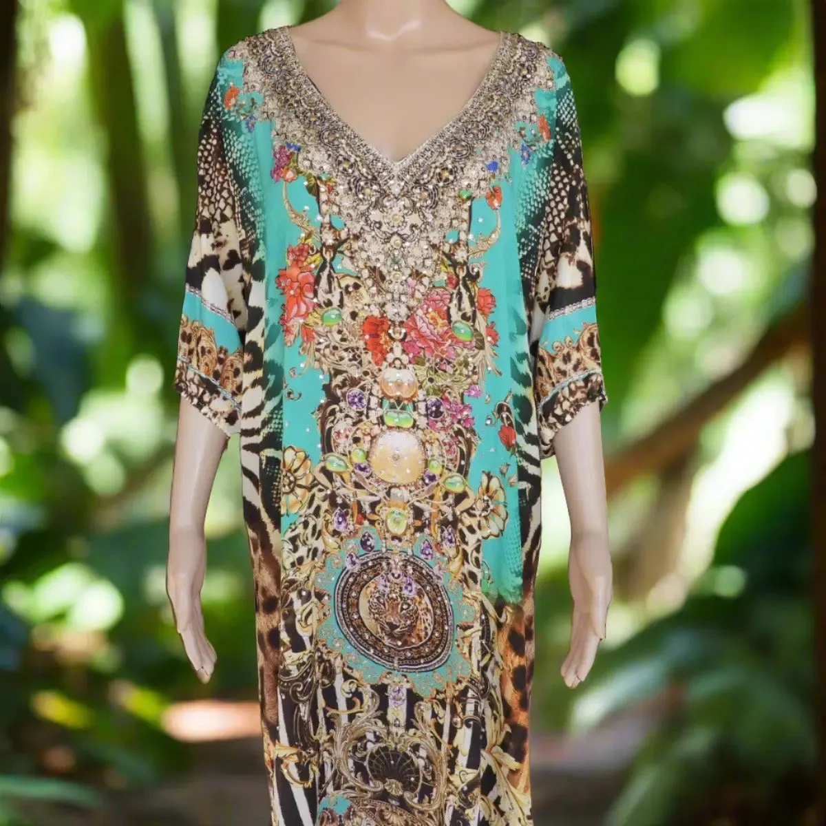 3/4 sleeve Silk Embellished Dress Garden Delight