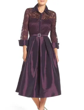 A-Line Mother of the Bride Dress Wedding Guest Elegant Petite Shirt Collar Tea Length Satin Lace Long Sleeve with Sash / Ribbon Ruching Solid Color