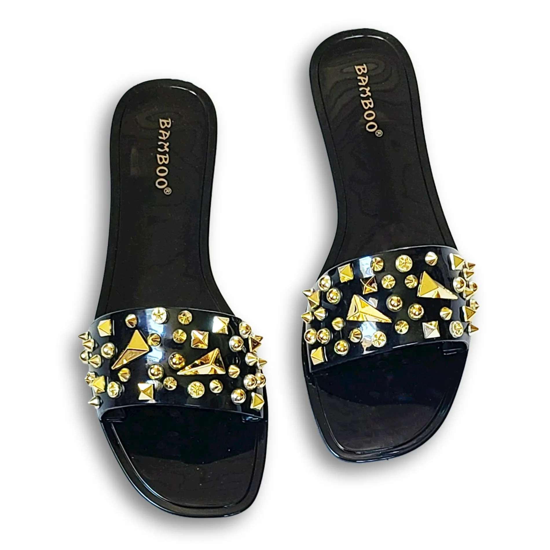 Bamboo Stud Embellished Jelly Flat Slides Sandals