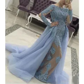 detachable skirt blue prom dresses long sleeve lace applique beaded elegant vintage prom gown