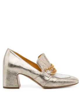 Gold/Silver Leather Mid Heel Loafer W/Chain