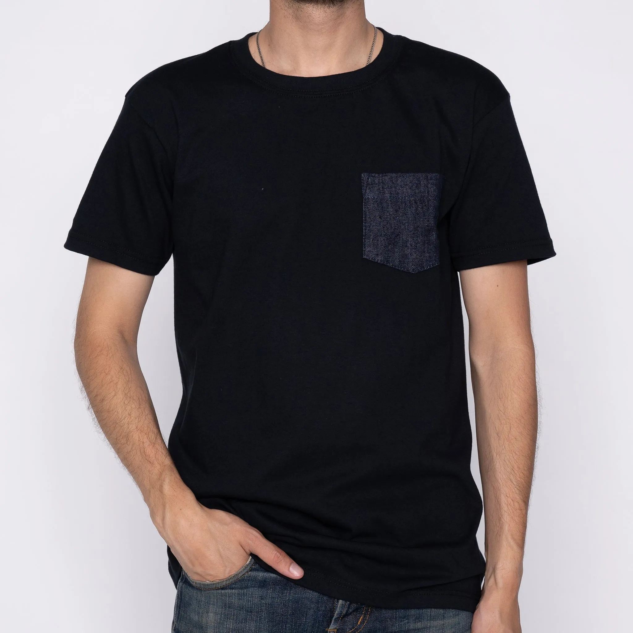 Pocket Tee - Black   Slub Nep Rinsed Denim