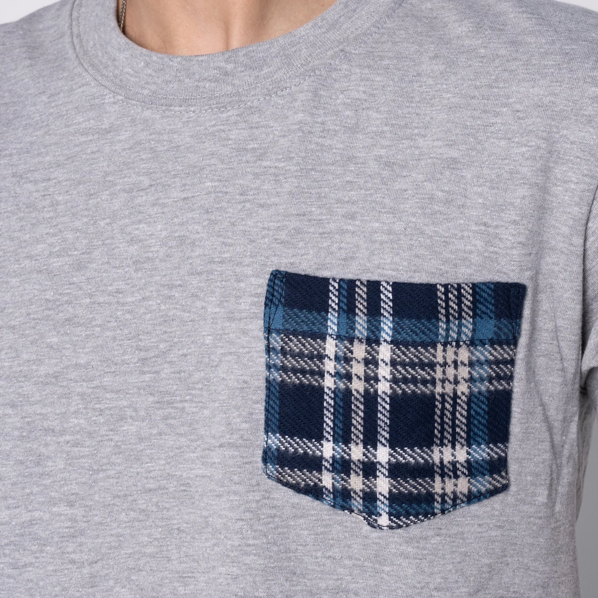 Pocket Tee - Heather Grey   Triple Yarn Twill Check Brush - Navy