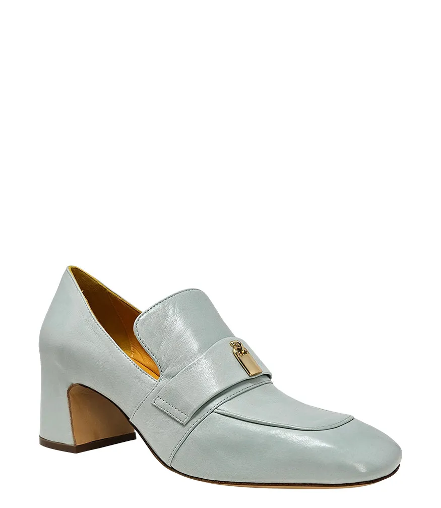 Seafoam Leather Lock Heel Loafer