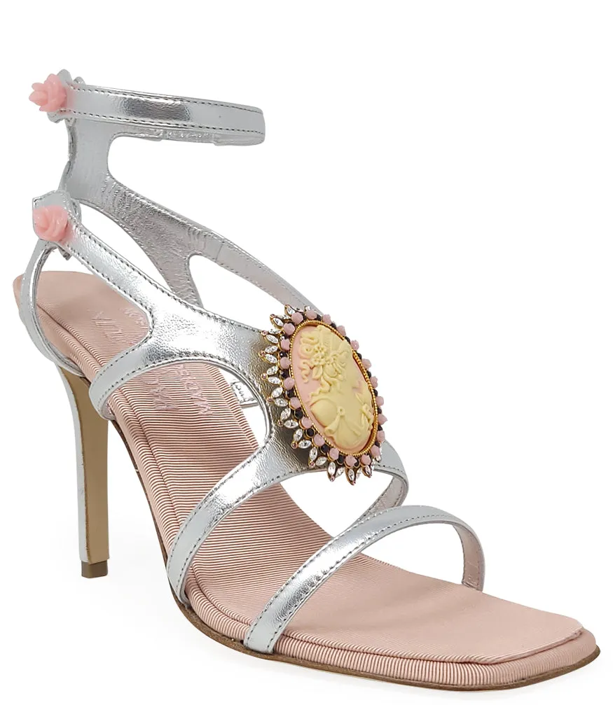 Silver/Pink Leather High Heel Sandal