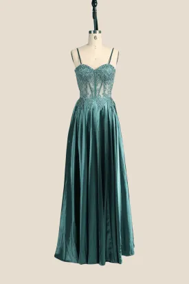 Spaghetti Straps Green Embroidery Long Dress